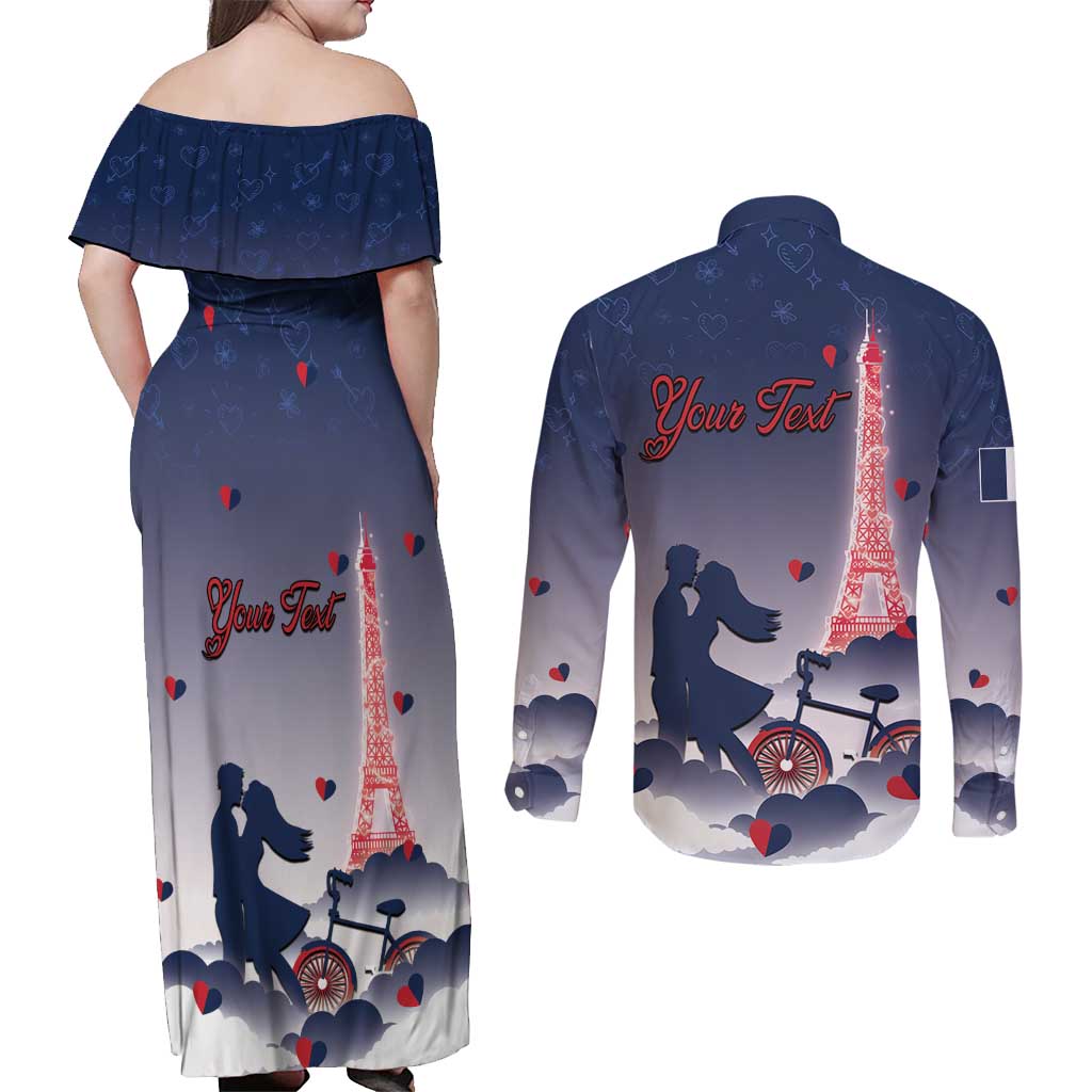 Personalized France Couples Matching Off Shoulder Maxi Dress and Long Sleeve Button Shirt Eiffel For Him - Wonder Print Shop