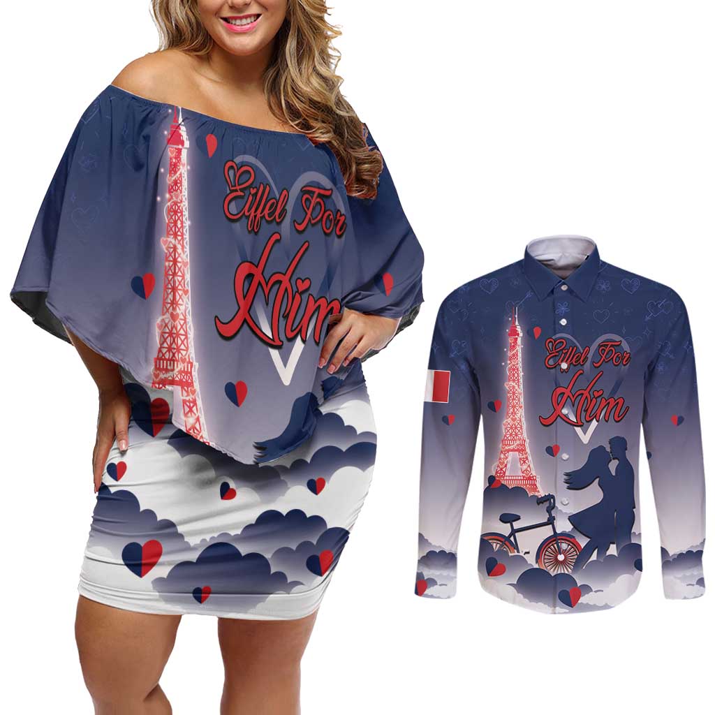 Personalized France Couples Matching Off Shoulder Short Dress and Long Sleeve Button Shirt Eiffel For Him - Wonder Print Shop