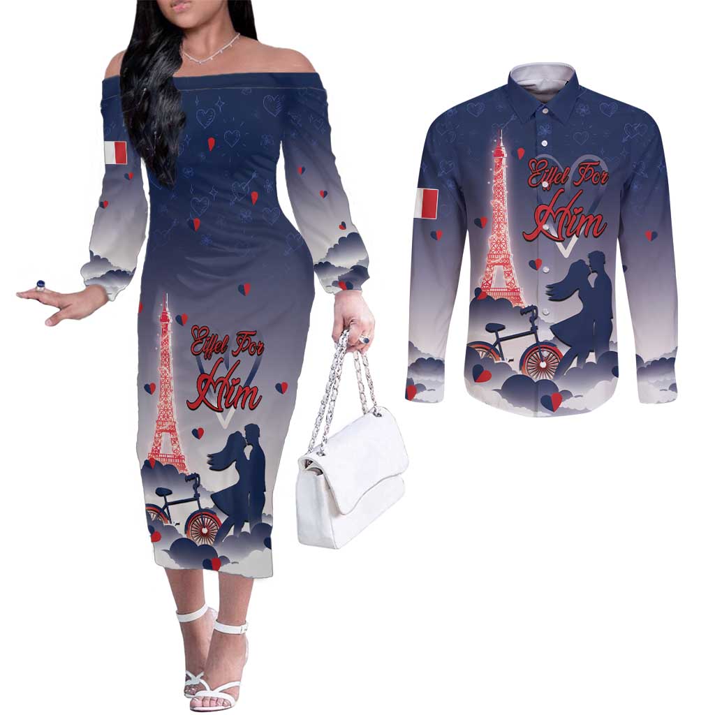 Personalized France Couples Matching Off The Shoulder Long Sleeve Dress and Long Sleeve Button Shirt Eiffel For Him - Wonder Print Shop