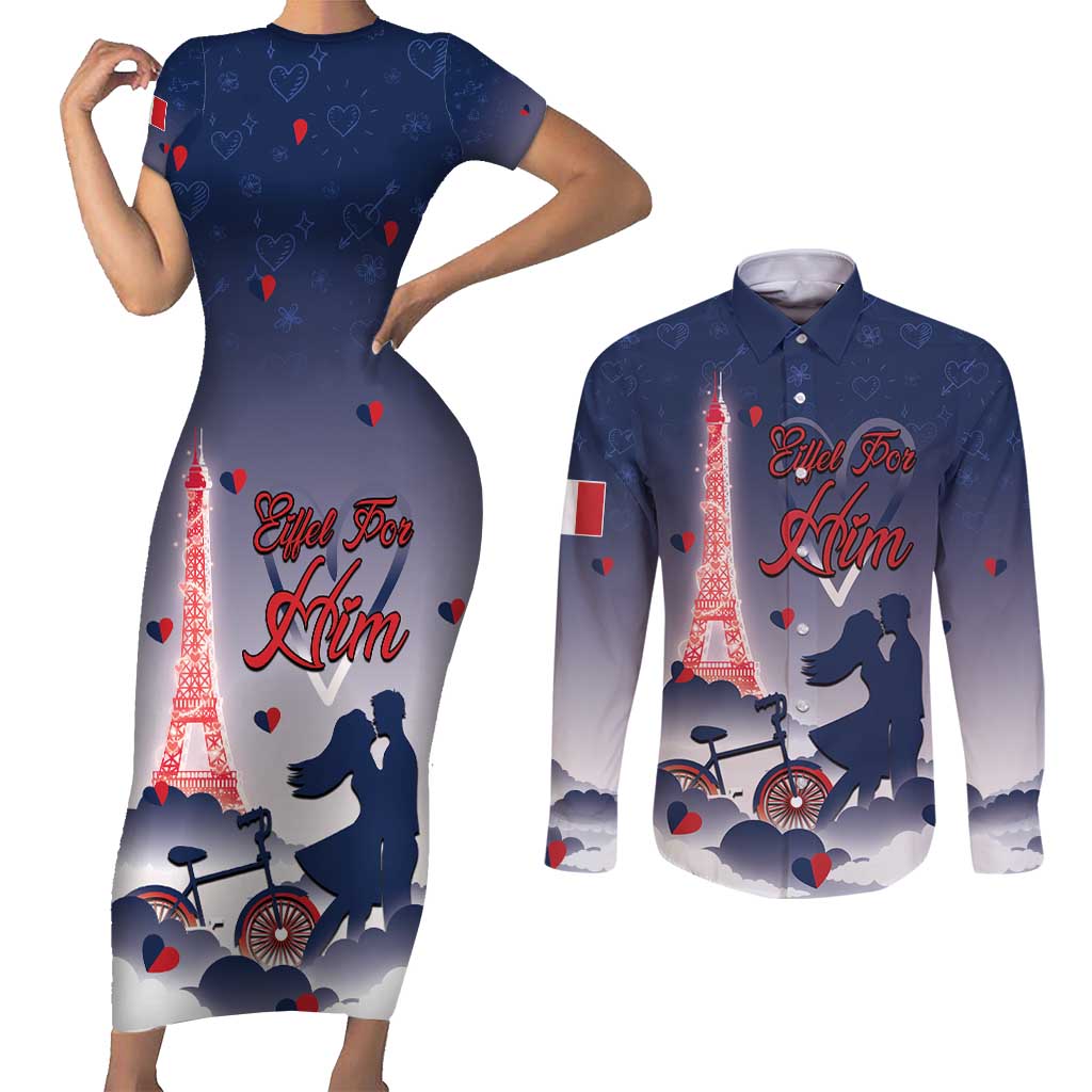 Personalized France Couples Matching Short Sleeve Bodycon Dress and Long Sleeve Button Shirt Eiffel For Him - Wonder Print Shop
