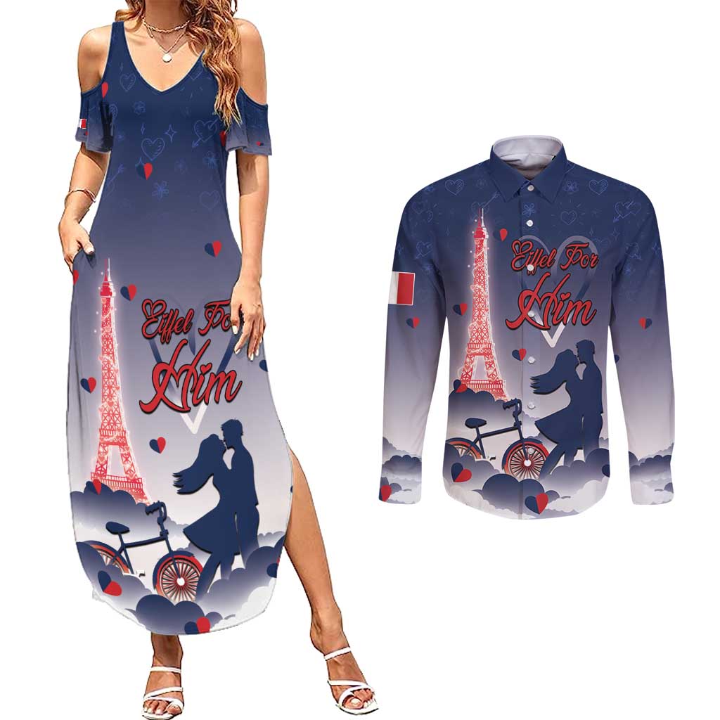 Personalized France Couples Matching Summer Maxi Dress and Long Sleeve Button Shirt Eiffel For Him - Wonder Print Shop