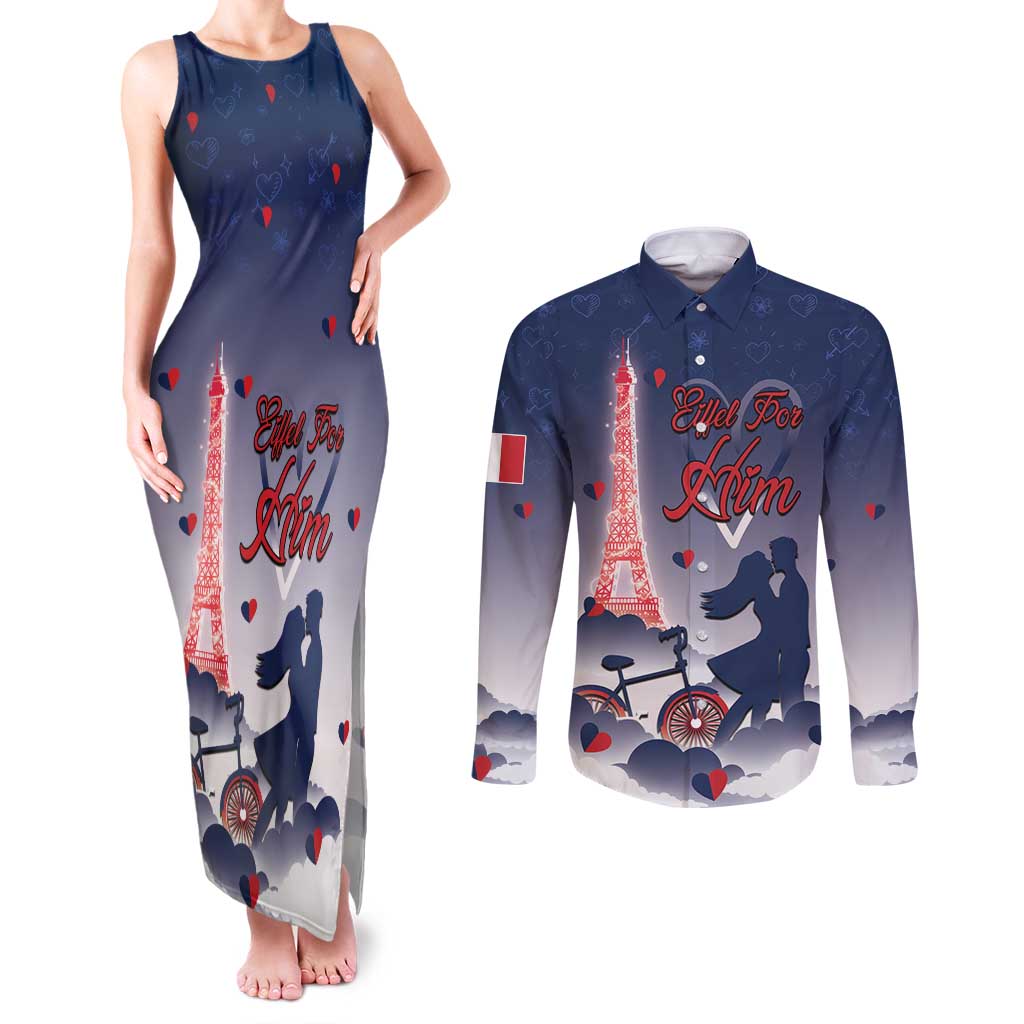Personalized France Couples Matching Tank Maxi Dress and Long Sleeve Button Shirt Eiffel For Him - Wonder Print Shop