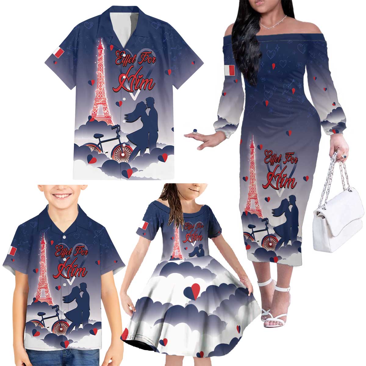 Personalized France Family Matching Off The Shoulder Long Sleeve Dress and Hawaiian Shirt Eiffel For Him - Wonder Print Shop