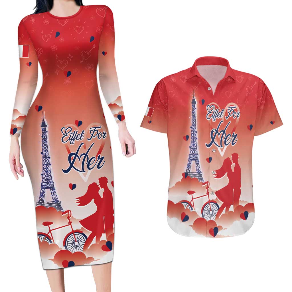 Personalized France Couples Matching Long Sleeve Bodycon Dress and Hawaiian Shirt Eiffel For Her - Wonder Print Shop