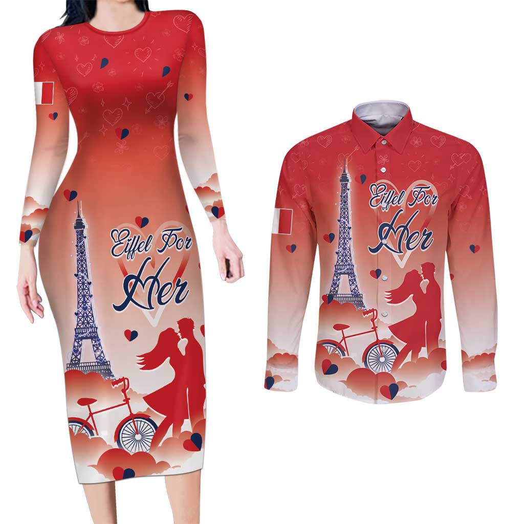 Personalized France Couples Matching Long Sleeve Bodycon Dress and Long Sleeve Button Shirt Eiffel For Her - Wonder Print Shop