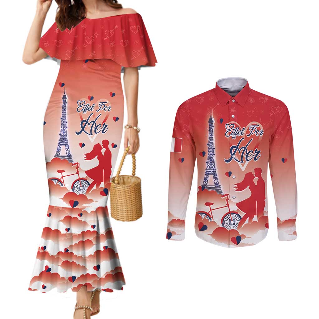 Personalized France Couples Matching Mermaid Dress and Long Sleeve Button Shirt Eiffel For Her - Wonder Print Shop
