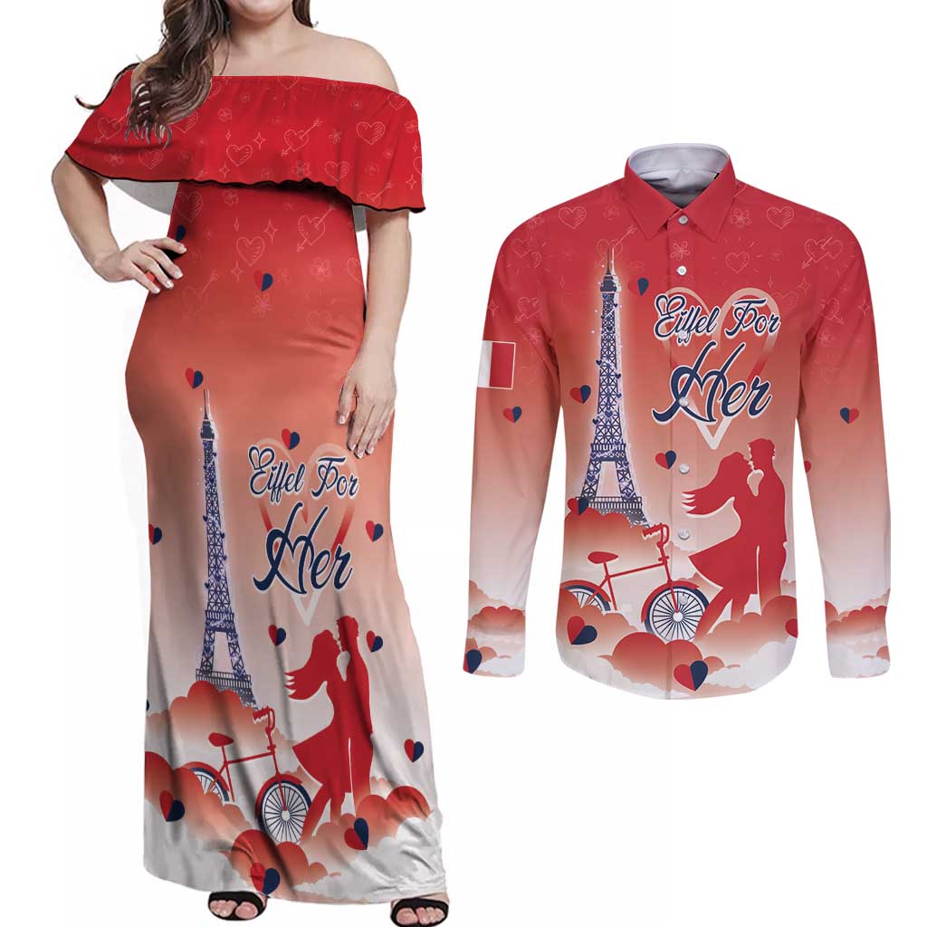 Personalized France Couples Matching Off Shoulder Maxi Dress and Long Sleeve Button Shirt Eiffel For Her - Wonder Print Shop