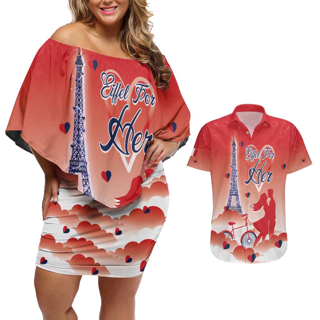 Personalized France Couples Matching Off Shoulder Short Dress and Hawaiian Shirt Eiffel For Her - Wonder Print Shop