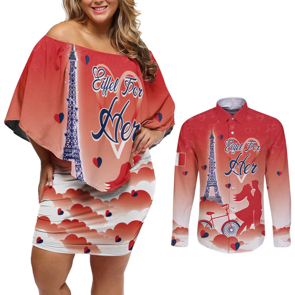 Personalized France Couples Matching Off Shoulder Short Dress and Long Sleeve Button Shirt Eiffel For Her - Wonder Print Shop