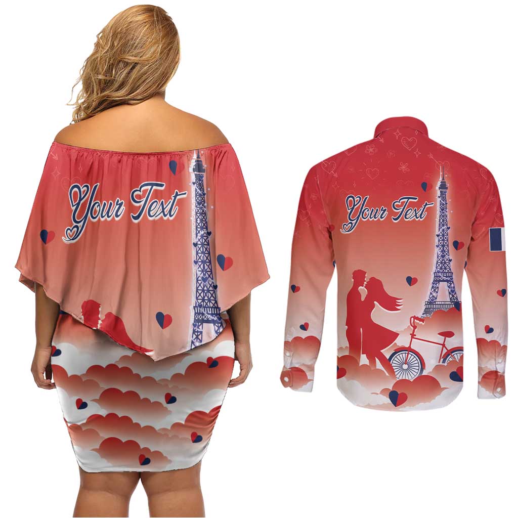 Personalized France Couples Matching Off Shoulder Short Dress and Long Sleeve Button Shirt Eiffel For Her - Wonder Print Shop
