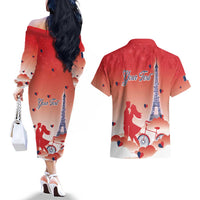 Personalized France Couples Matching Off The Shoulder Long Sleeve Dress and Hawaiian Shirt Eiffel For Her - Wonder Print Shop