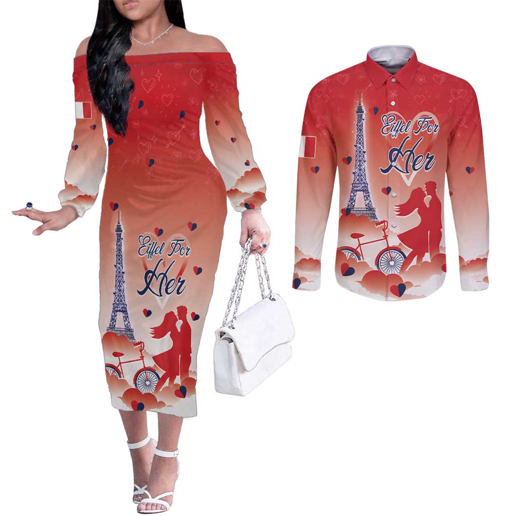 Personalized France Couples Matching Off The Shoulder Long Sleeve Dress and Long Sleeve Button Shirt Eiffel For Her - Wonder Print Shop