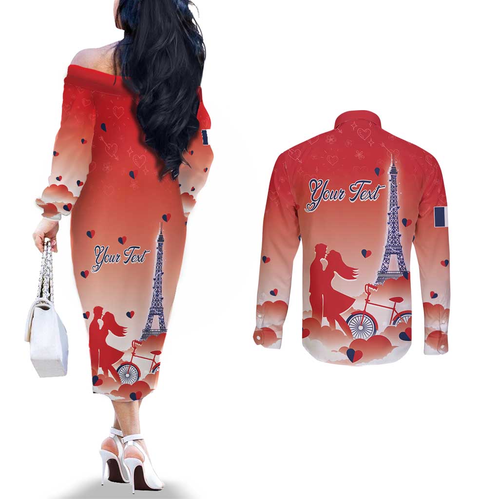 Personalized France Couples Matching Off The Shoulder Long Sleeve Dress and Long Sleeve Button Shirt Eiffel For Her - Wonder Print Shop