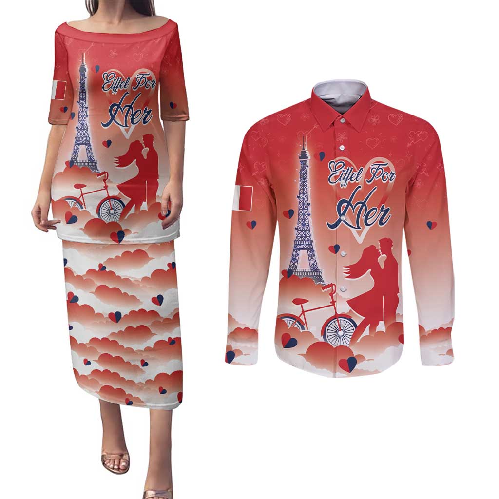 Personalized France Couples Matching Puletasi and Long Sleeve Button Shirt Eiffel For Her - Wonder Print Shop