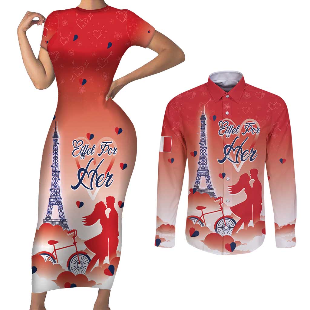 Personalized France Couples Matching Short Sleeve Bodycon Dress and Long Sleeve Button Shirt Eiffel For Her - Wonder Print Shop