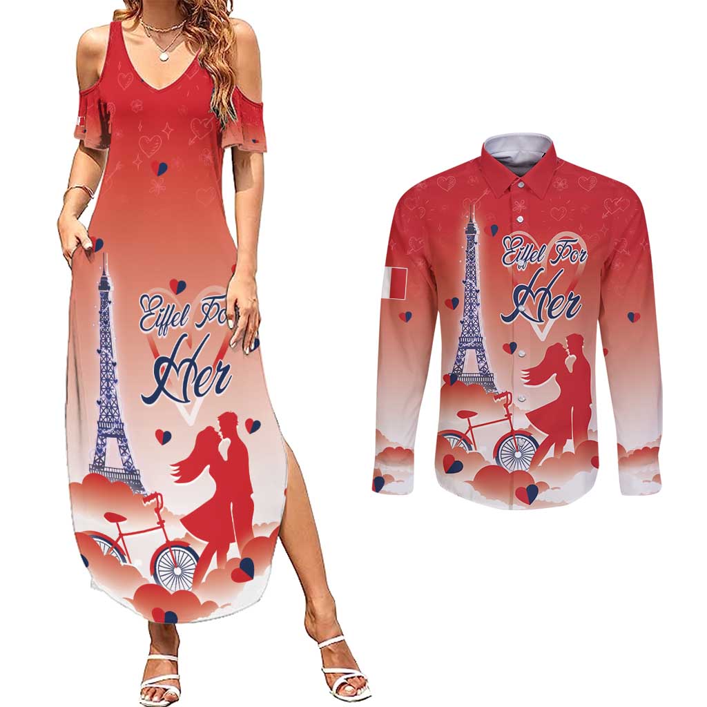 Personalized France Couples Matching Summer Maxi Dress and Long Sleeve Button Shirt Eiffel For Her - Wonder Print Shop