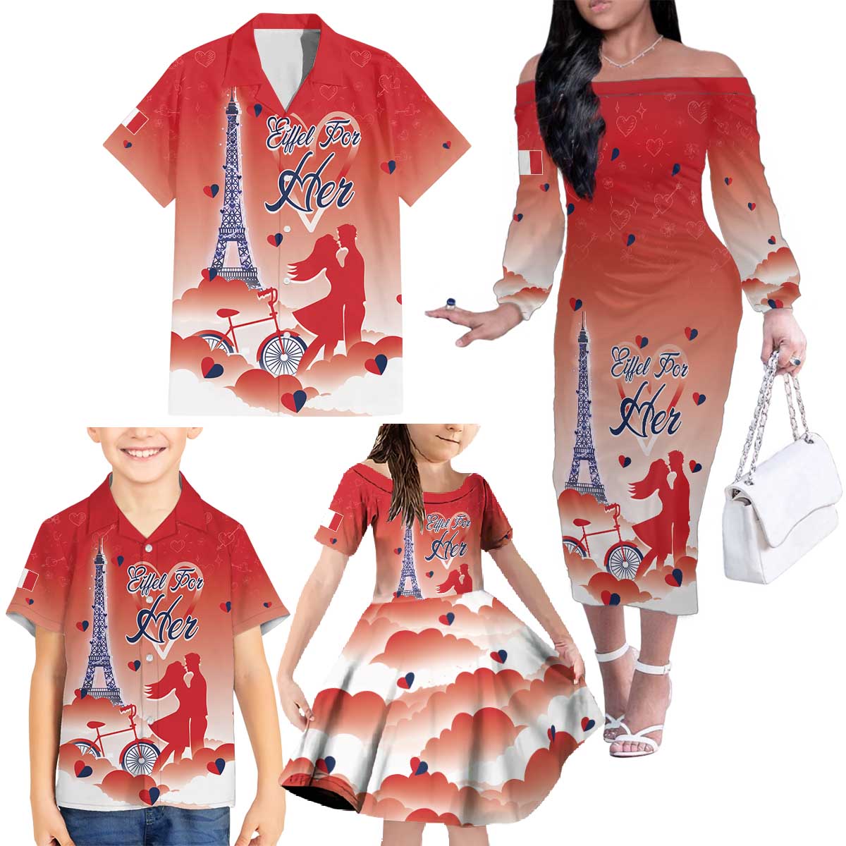 Personalized France Family Matching Off The Shoulder Long Sleeve Dress and Hawaiian Shirt Eiffel For Her - Wonder Print Shop