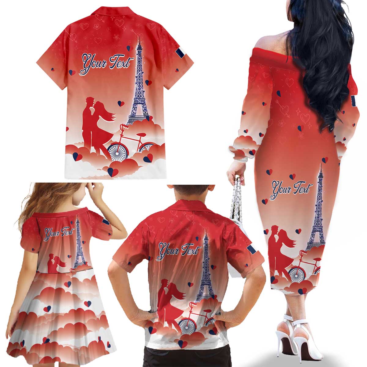 Personalized France Family Matching Off The Shoulder Long Sleeve Dress and Hawaiian Shirt Eiffel For Her - Wonder Print Shop