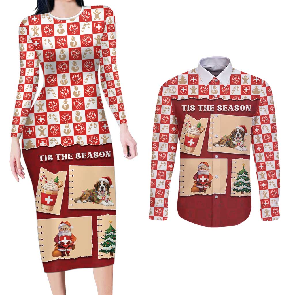 Switzerland Christmas Couples Matching Long Sleeve Bodycon Dress and Long Sleeve Button Shirt Tis The Season - Wonder Print Shop