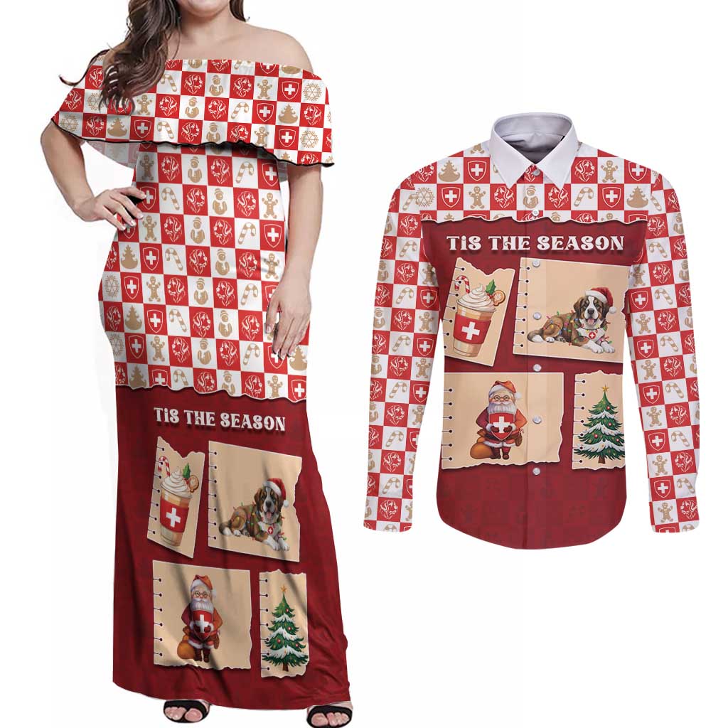 Switzerland Christmas Couples Matching Off Shoulder Maxi Dress and Long Sleeve Button Shirt Tis The Season - Wonder Print Shop