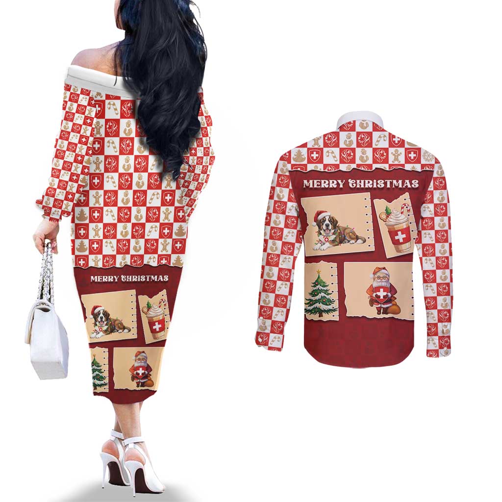 Switzerland Christmas Couples Matching Off The Shoulder Long Sleeve Dress and Long Sleeve Button Shirt Tis The Season - Wonder Print Shop