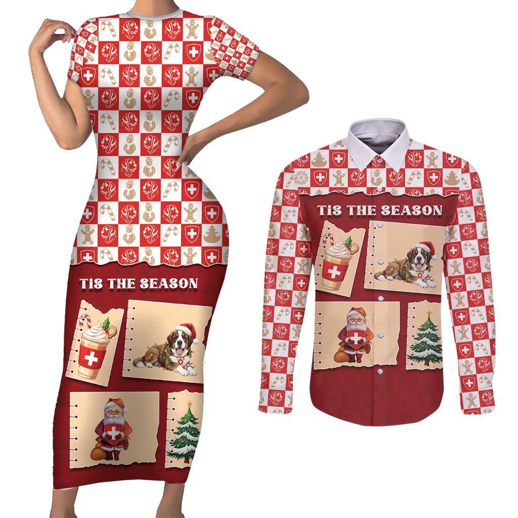 Switzerland Christmas Couples Matching Short Sleeve Bodycon Dress and Long Sleeve Button Shirt Tis The Season - Wonder Print Shop