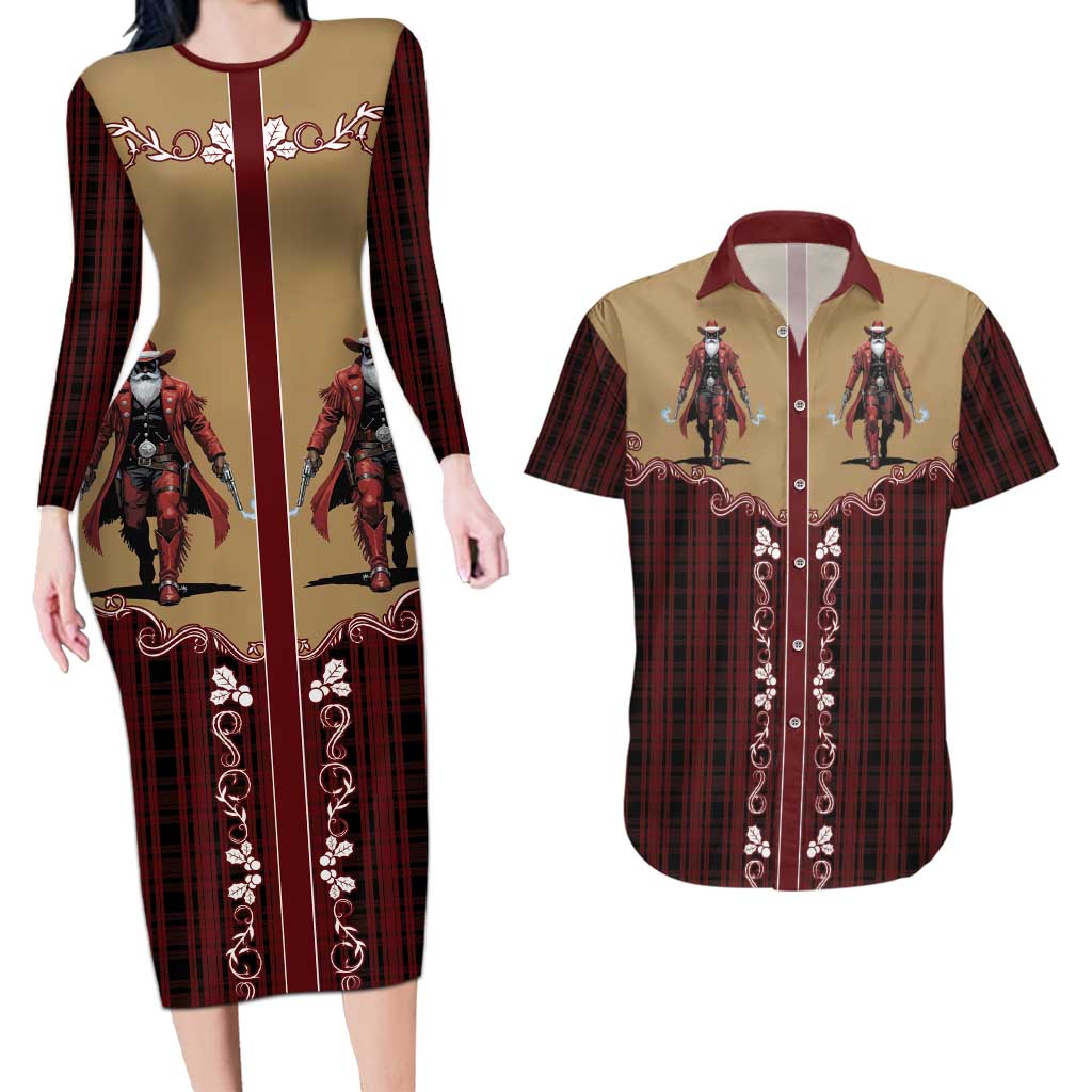 Western Yoke Couples Matching Long Sleeve Bodycon Dress and Hawaiian Shirt Black Santa Cowboy Retro Style - Wonder Print Shop