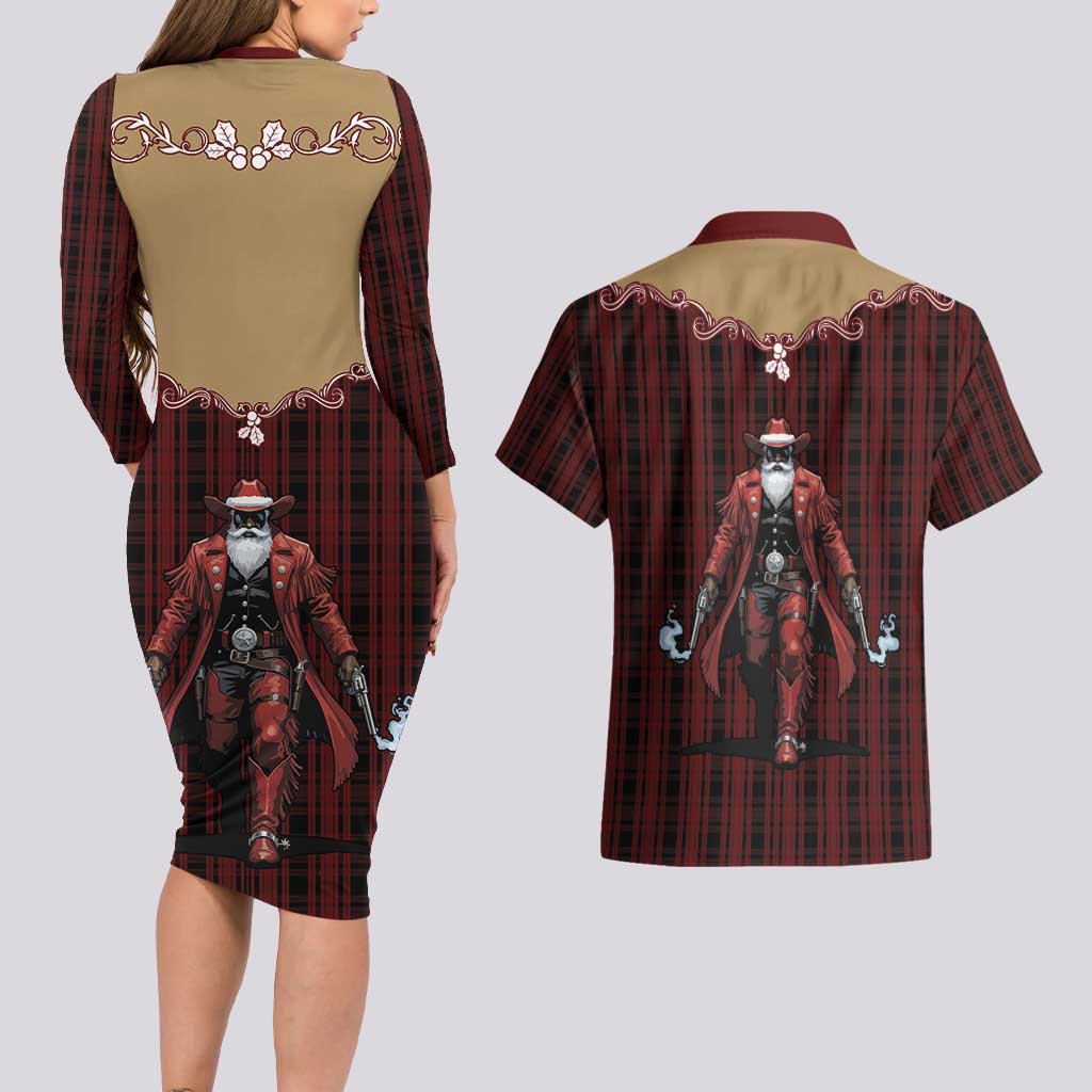 Western Yoke Couples Matching Long Sleeve Bodycon Dress and Hawaiian Shirt Black Santa Cowboy Retro Style - Wonder Print Shop