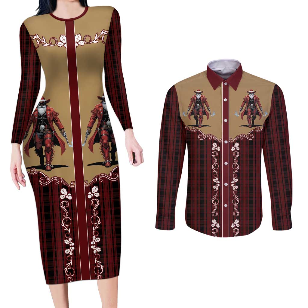 Western Yoke Couples Matching Long Sleeve Bodycon Dress and Long Sleeve Button Shirt Black Santa Cowboy Retro Style - Wonder Print Shop