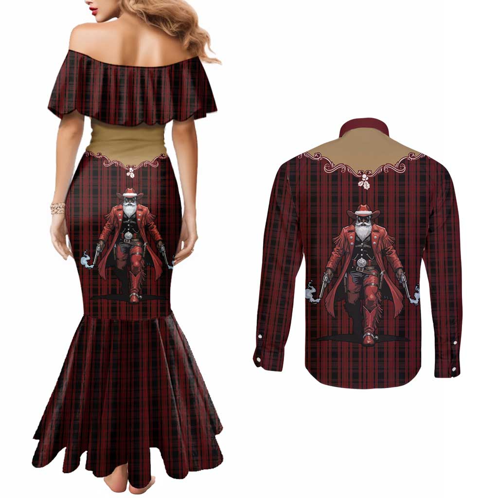 Western Yoke Couples Matching Mermaid Dress and Long Sleeve Button Shirt Black Santa Cowboy Retro Style - Wonder Print Shop