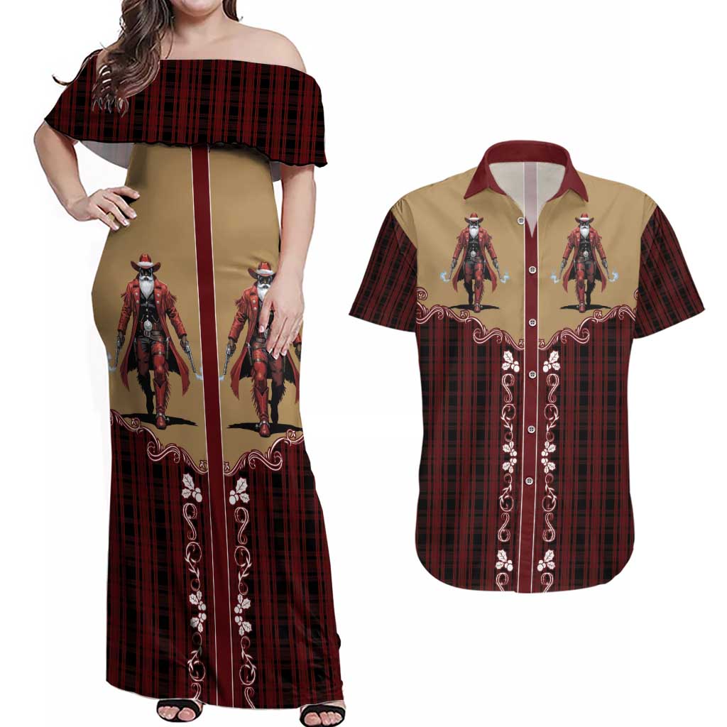 Western Yoke Couples Matching Off Shoulder Maxi Dress and Hawaiian Shirt Black Santa Cowboy Retro Style - Wonder Print Shop