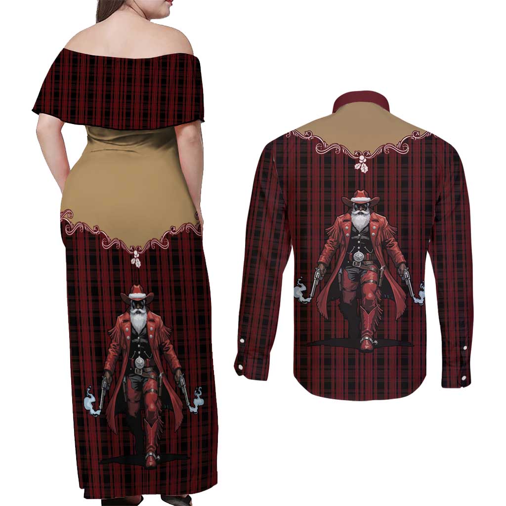 Western Yoke Couples Matching Off Shoulder Maxi Dress and Long Sleeve Button Shirt Black Santa Cowboy Retro Style - Wonder Print Shop