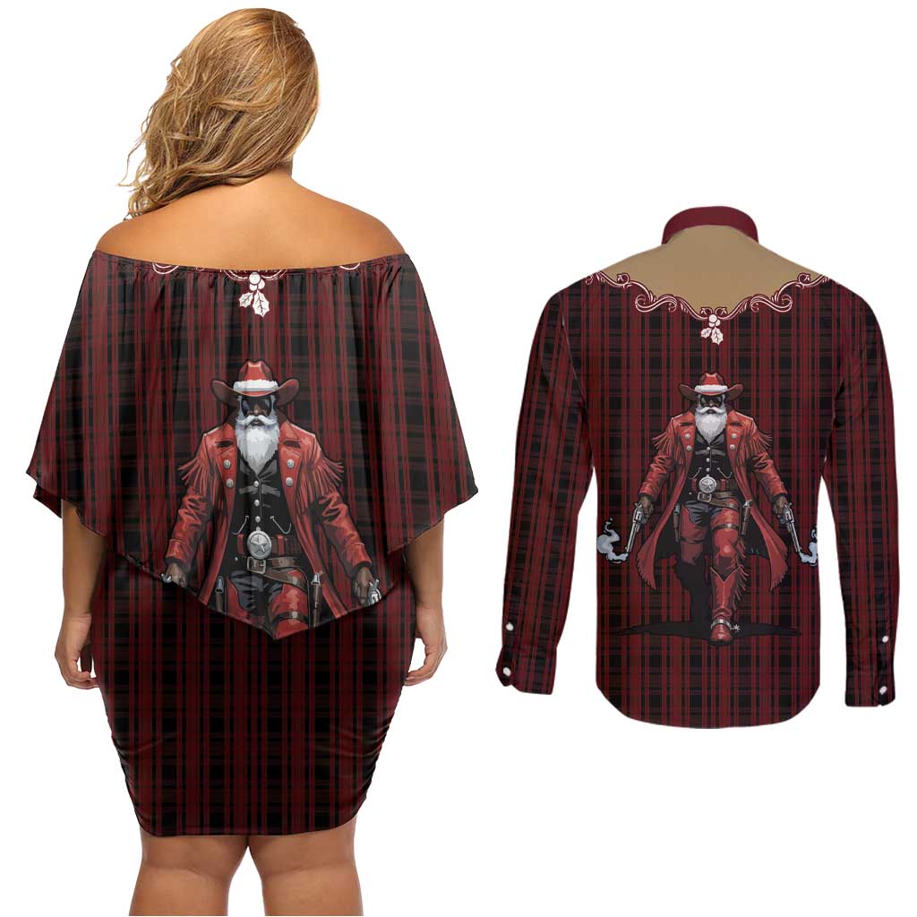 Western Yoke Couples Matching Off Shoulder Short Dress and Long Sleeve Button Shirt Black Santa Cowboy Retro Style - Wonder Print Shop
