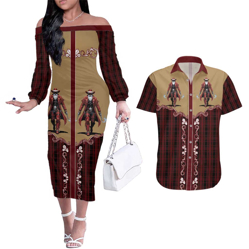 Western Yoke Couples Matching Off The Shoulder Long Sleeve Dress and Hawaiian Shirt Black Santa Cowboy Retro Style - Wonder Print Shop