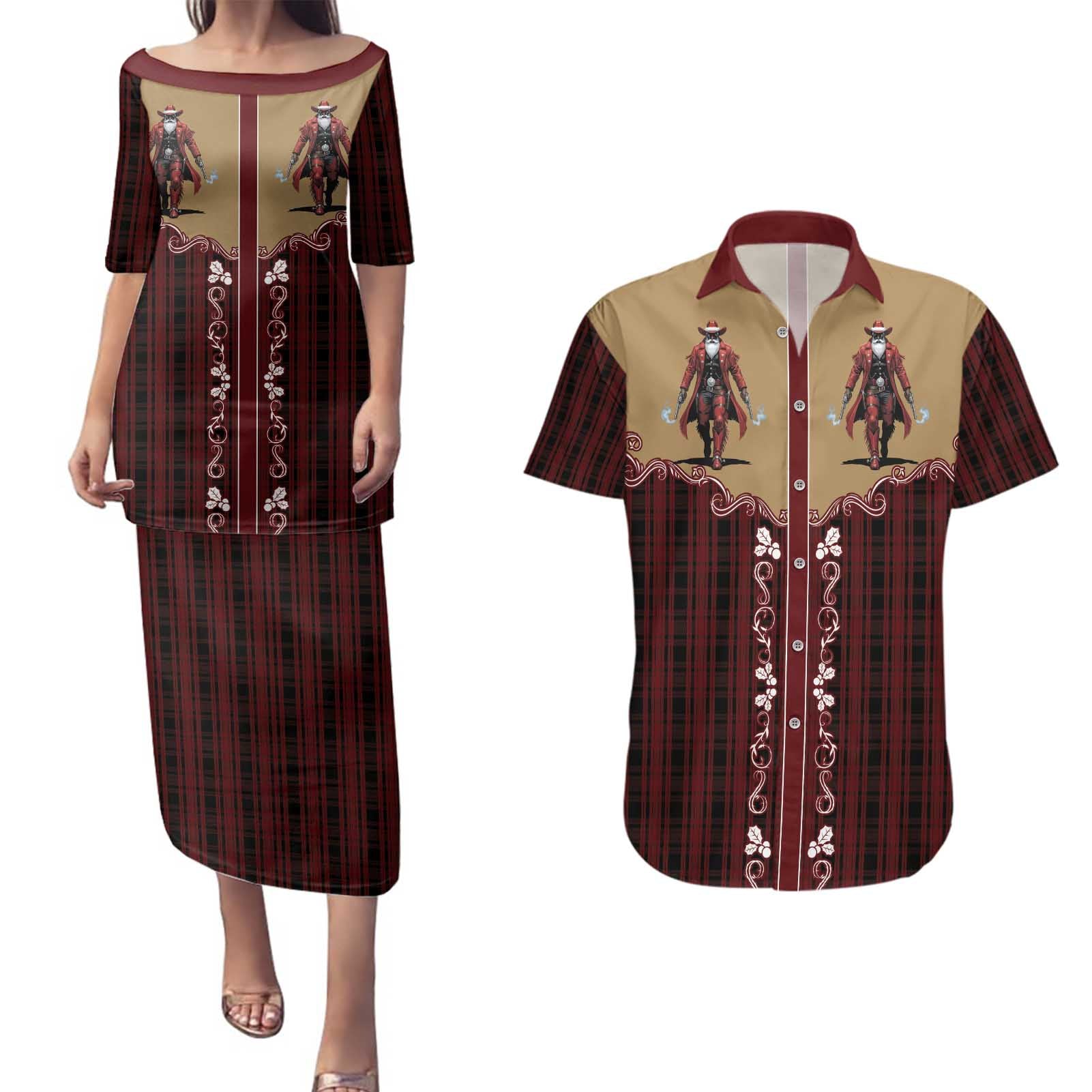Western Yoke Couples Matching Puletasi and Hawaiian Shirt Black Santa Cowboy Retro Style - Wonder Print Shop