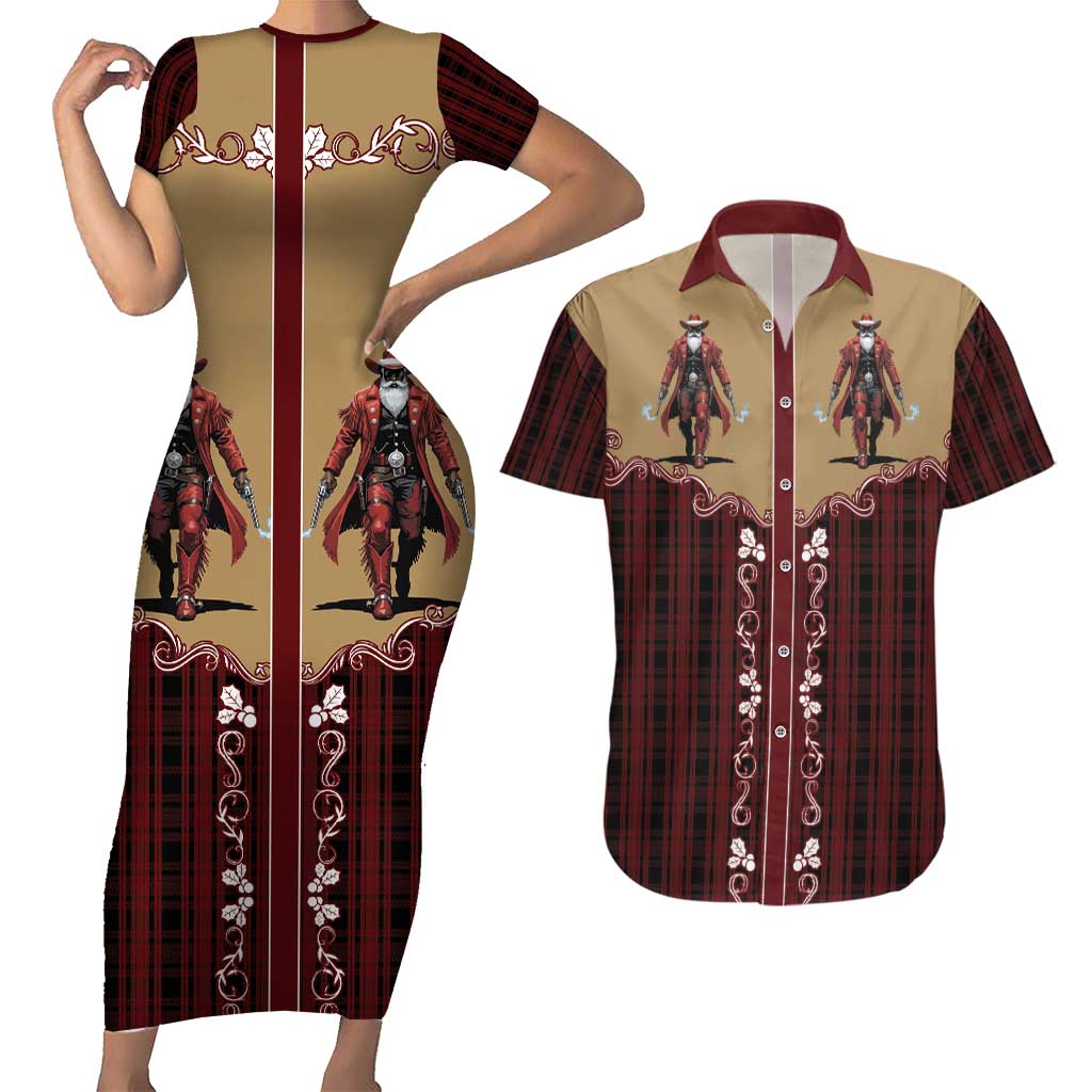 Western Yoke Couples Matching Short Sleeve Bodycon Dress and Hawaiian Shirt Black Santa Cowboy Retro Style - Wonder Print Shop