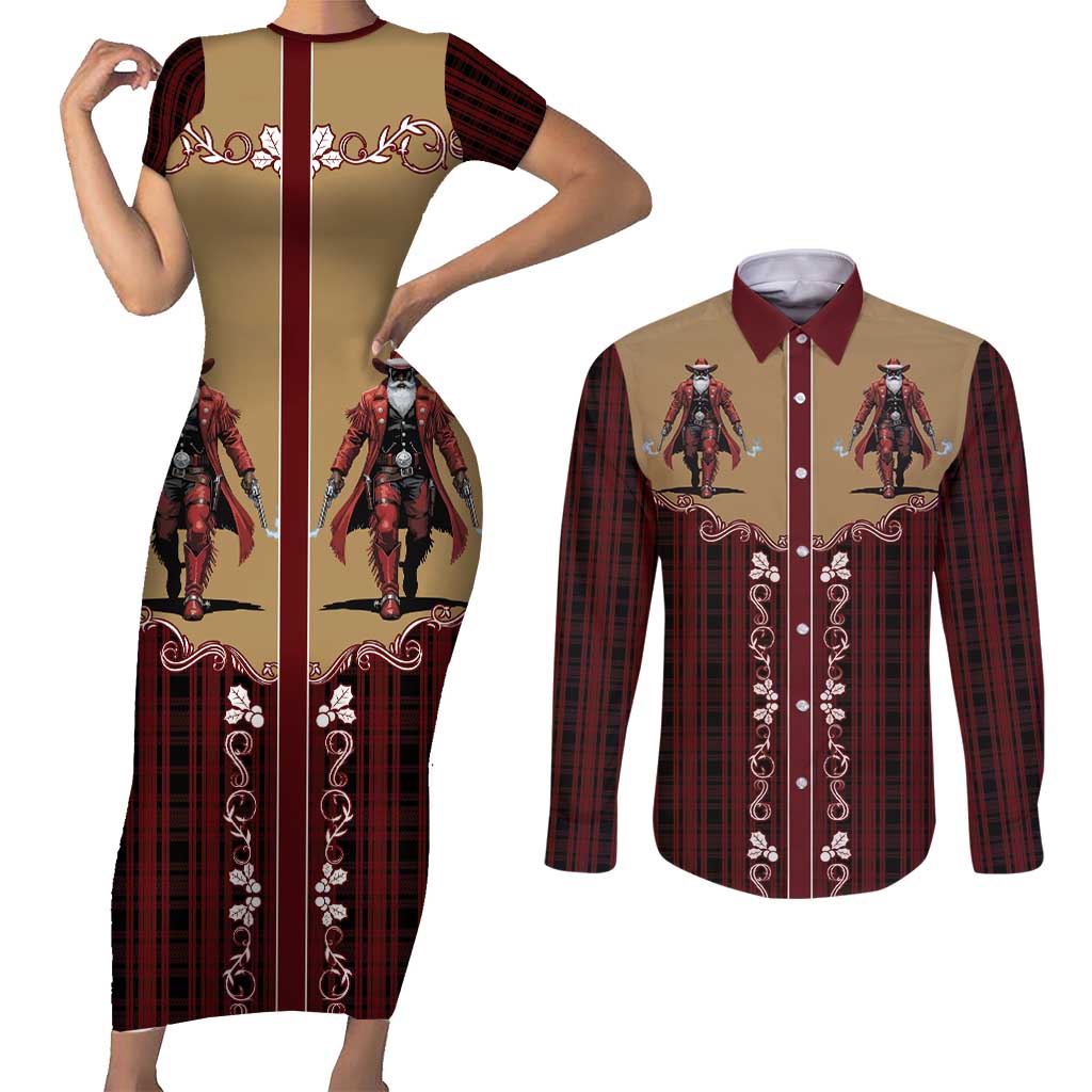 Western Yoke Couples Matching Short Sleeve Bodycon Dress and Long Sleeve Button Shirt Black Santa Cowboy Retro Style - Wonder Print Shop