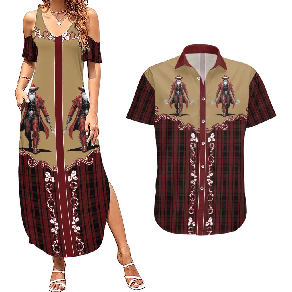 Western Yoke Couples Matching Summer Maxi Dress and Hawaiian Shirt Black Santa Cowboy Retro Style - Wonder Print Shop