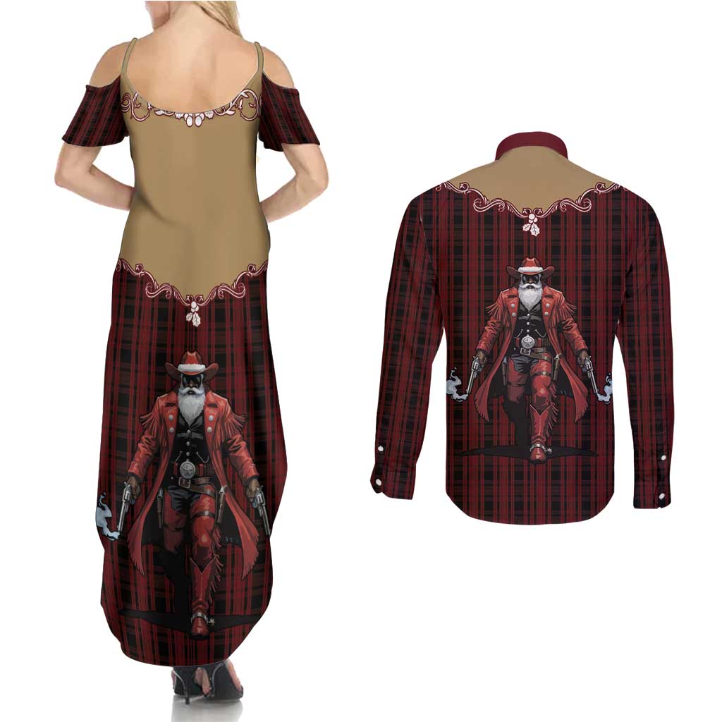 Western Yoke Couples Matching Summer Maxi Dress and Long Sleeve Button Shirt Black Santa Cowboy Retro Style - Wonder Print Shop