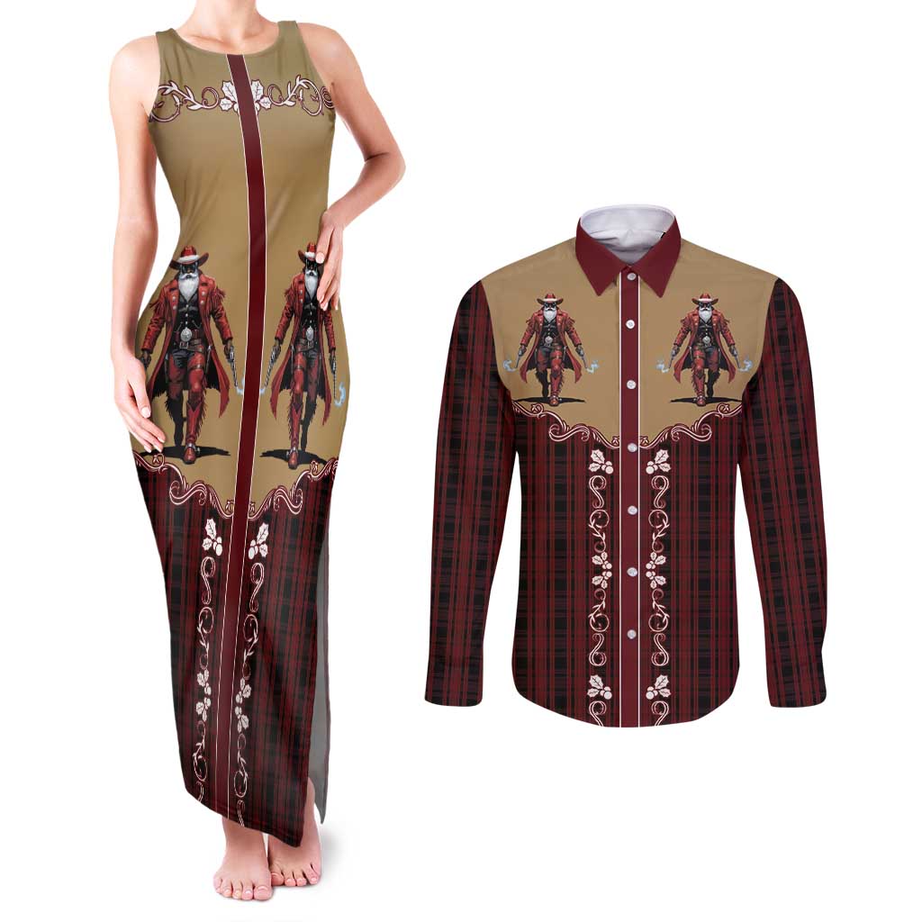 Western Yoke Couples Matching Tank Maxi Dress and Long Sleeve Button Shirt Black Santa Cowboy Retro Style - Wonder Print Shop