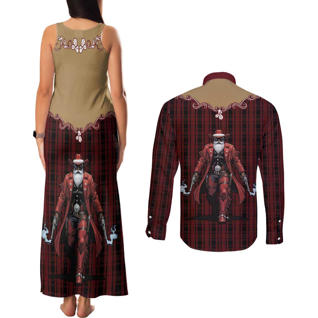 Western Yoke Couples Matching Tank Maxi Dress and Long Sleeve Button Shirt Black Santa Cowboy Retro Style - Wonder Print Shop
