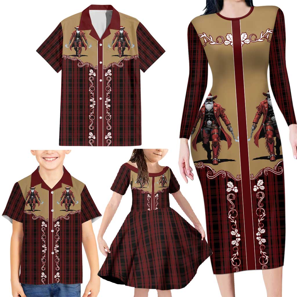 Western Yoke Family Matching Long Sleeve Bodycon Dress and Hawaiian Shirt Black Santa Cowboy Retro Style - Wonder Print Shop
