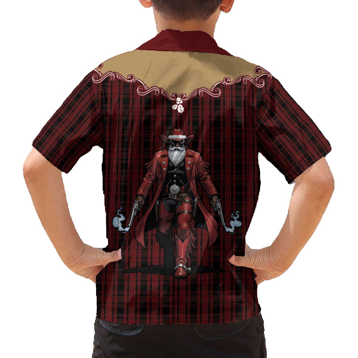 Western Yoke Family Matching Off The Shoulder Long Sleeve Dress and Hawaiian Shirt Black Santa Cowboy Retro Style - Wonder Print Shop