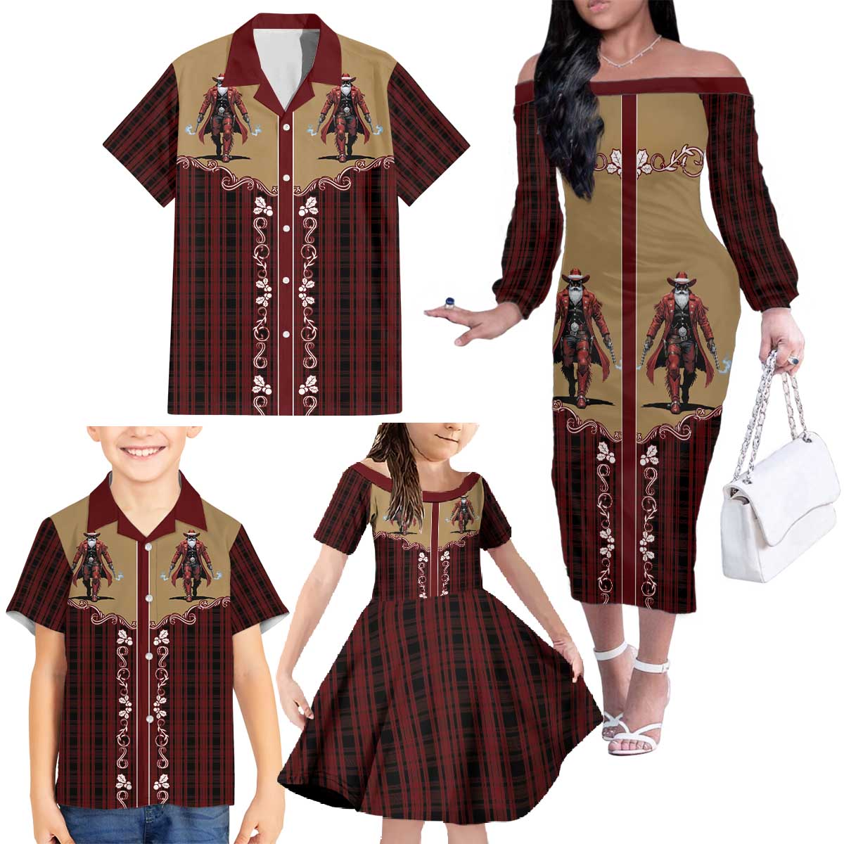 Western Yoke Family Matching Off The Shoulder Long Sleeve Dress and Hawaiian Shirt Black Santa Cowboy Retro Style - Wonder Print Shop