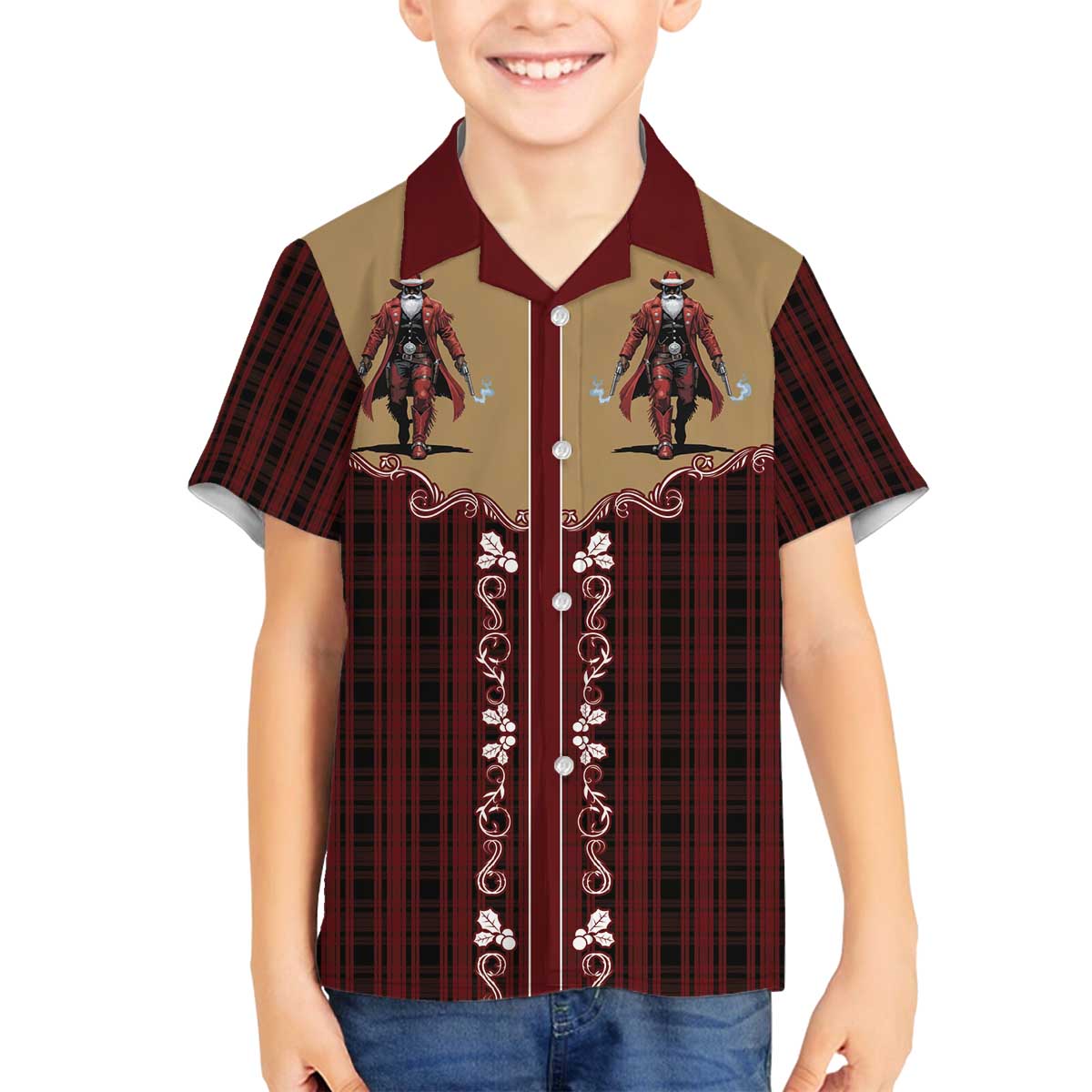 Western Yoke Family Matching Off The Shoulder Long Sleeve Dress and Hawaiian Shirt Black Santa Cowboy Retro Style - Wonder Print Shop