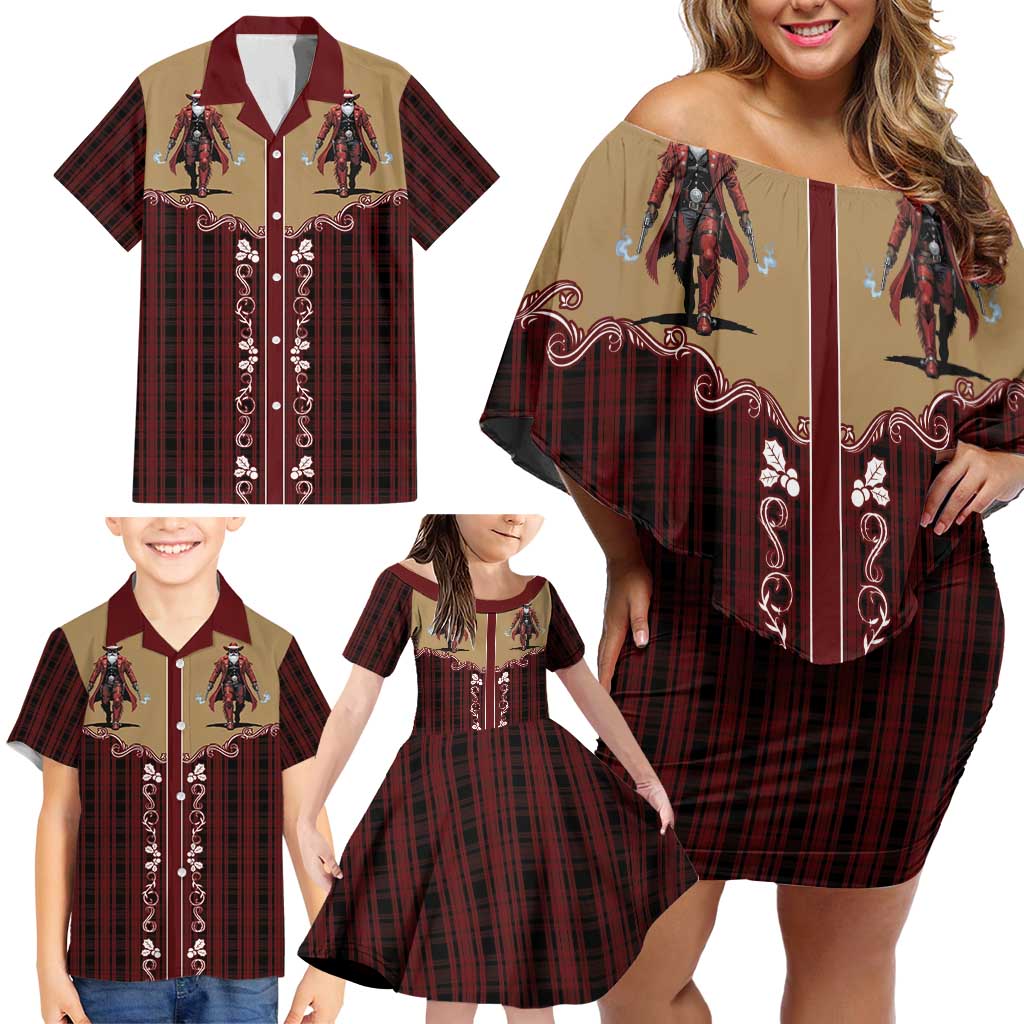 Western Yoke Family Matching Off Shoulder Short Dress and Hawaiian Shirt Black Santa Cowboy Retro Style - Wonder Print Shop
