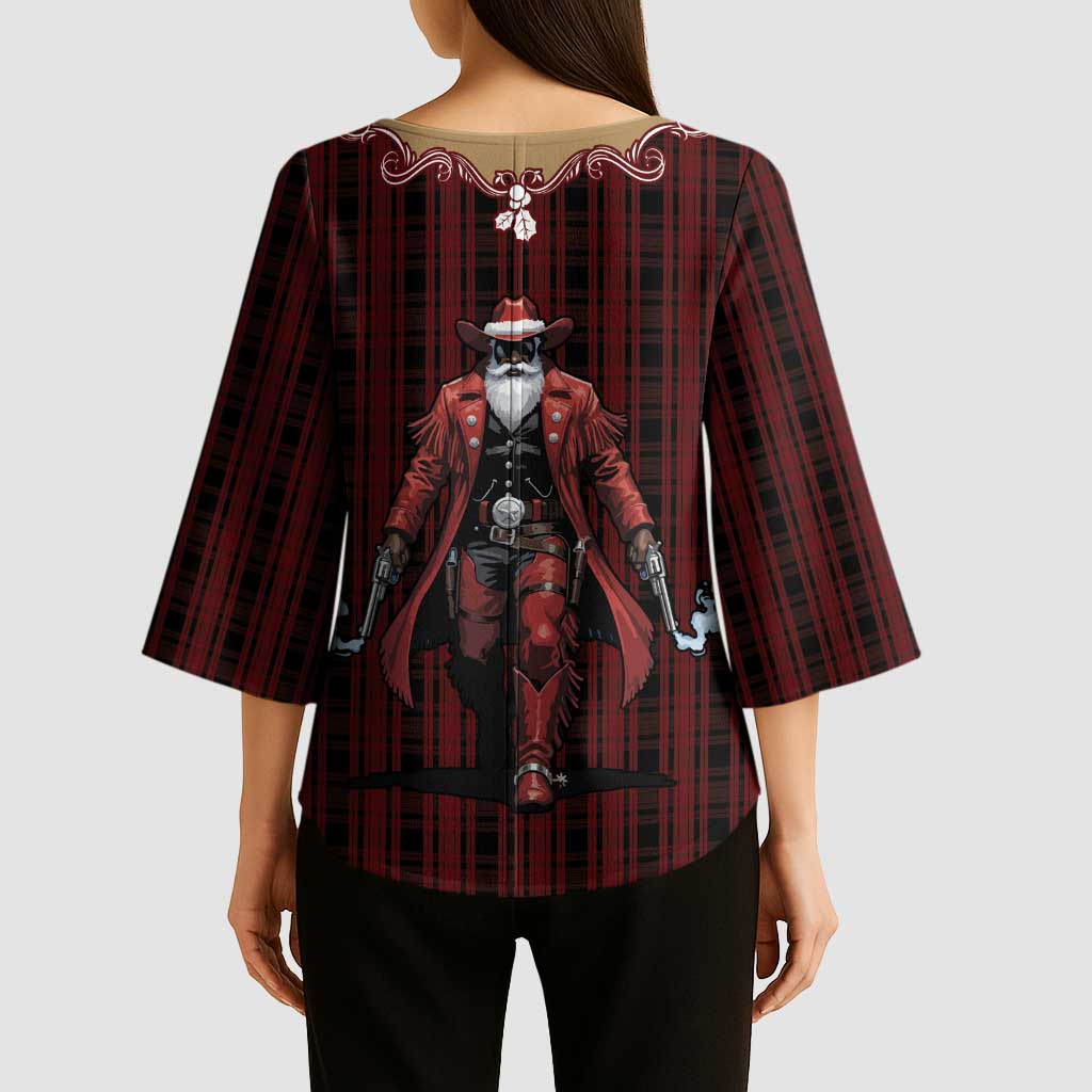 Western Yoke Kimono Sleeve Blouse Black Santa Cowboy Retro Style - Wonder Print Shop