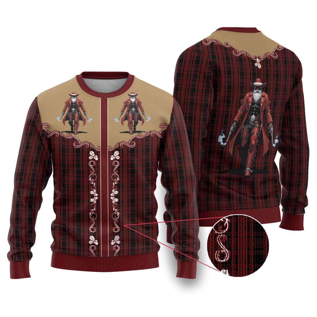 Western Yoke Ugly Christmas Sweater Black Santa Cowboy Retro Style - Wonder Print Shop