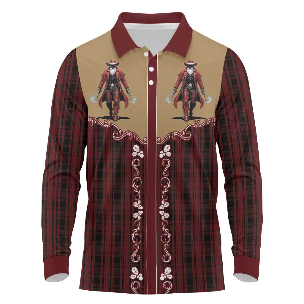 Western Yoke Long Sleeve Polo Shirt Black Santa Cowboy Retro Style - Wonder Print Shop