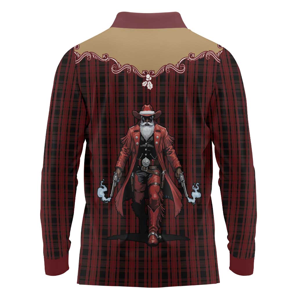 Western Yoke Long Sleeve Polo Shirt Black Santa Cowboy Retro Style - Wonder Print Shop